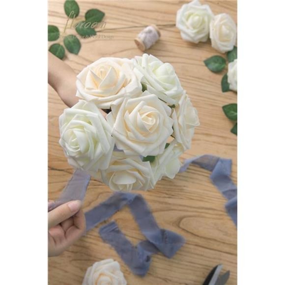 Artificial Flowers 25pcs Real Looking Ivory Foam Fake Roses with Stems Wedding - Picture 4 of 7